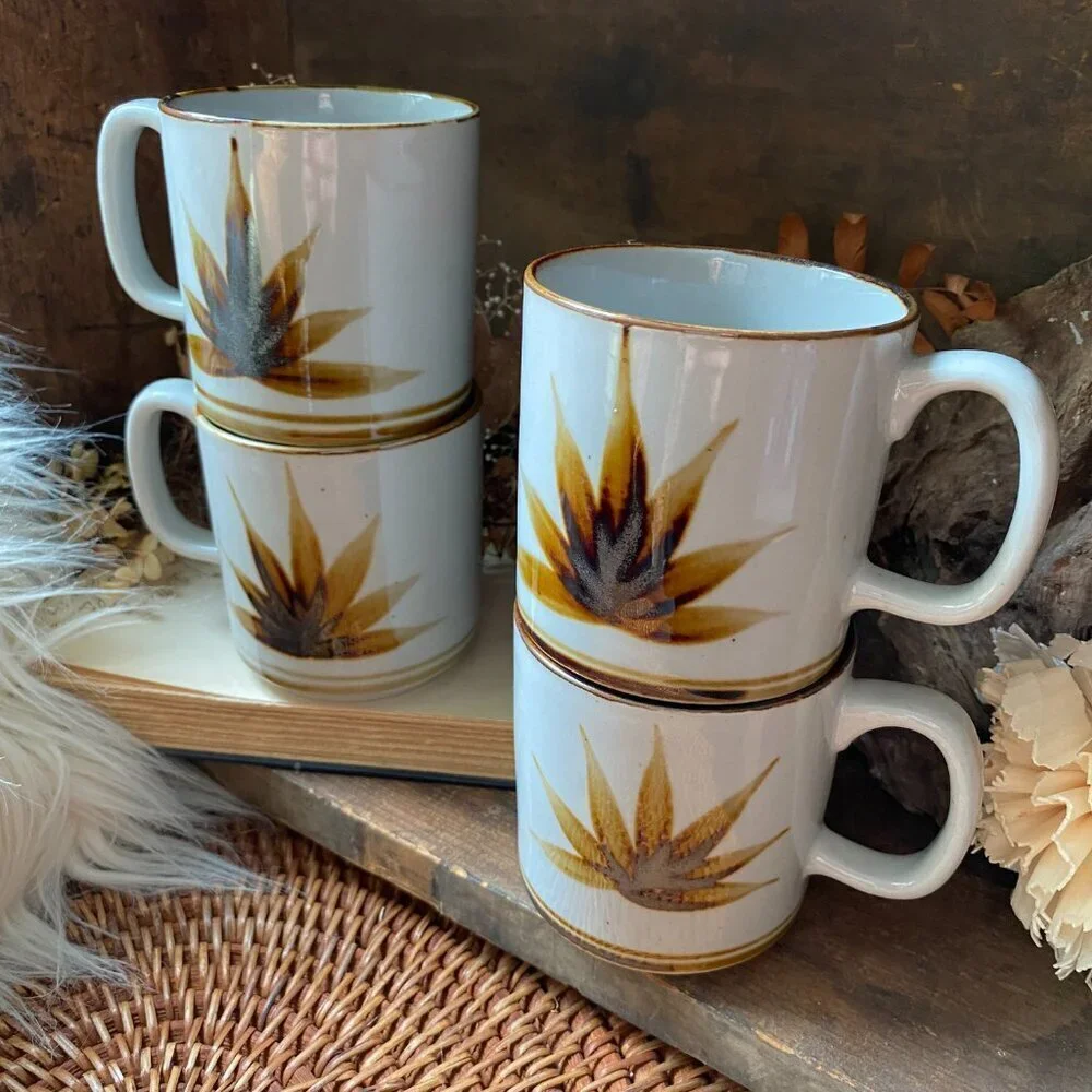 VINTAGE Otagiri Agave Cactus Leaf Coffee Mugs MCM 70s Era - 10oz